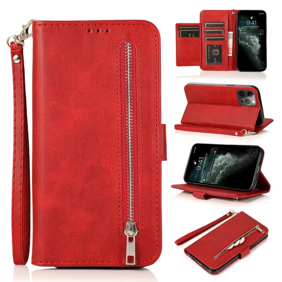 Phone case with 5 card slots, magnetic closure zipper pocket, PU leather flip cover for handbag, wristband, TPU bracket cover, suitable for Redmi NOTE 10 pro 4G phone case