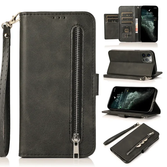 Phone case with 5 card slots, magnetic closure zipper pocket, PU leather flip cover for handbag, wristband, TPU bracket cover, suitable for Samsung NOTE 10 LITE phone case