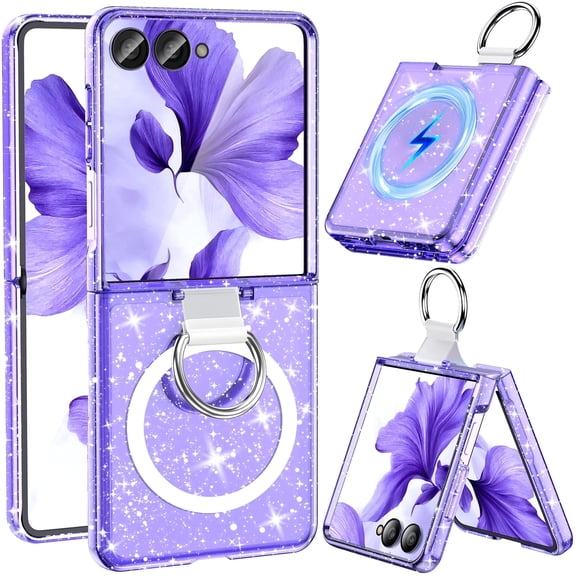 for Samsung Galaxy Z Flip 8 Case, Z Flip8 with Ring, [Compatible with MagSafe], Military Drop Protection, Glitter Bling Sparkly Slim Fit Hard PC Rugged Case for Z Flip8, Glitter Purple