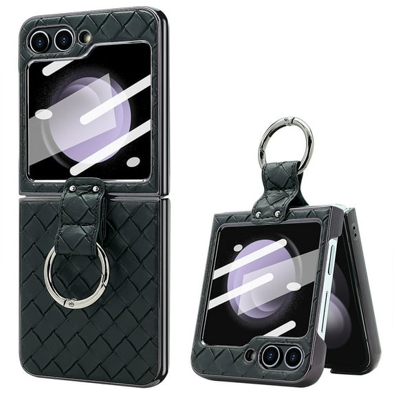 Phone case for Samsung Z flip4 electroplated woven ring bracket protective leather cover protective film