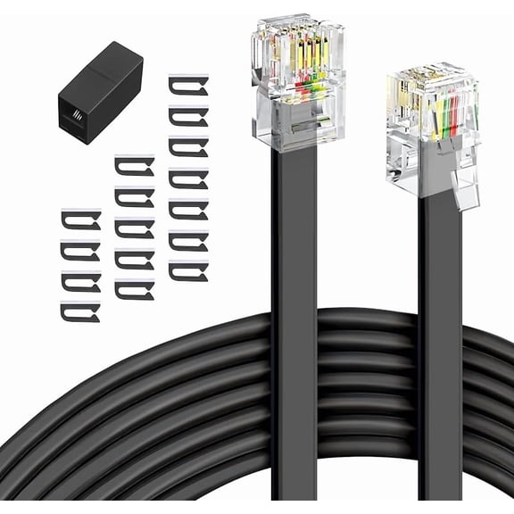 Phone extension Cord 25 Ft, Telephone Cable with Standard RJ11 Plug and 1 in-Line Couplers and 20 Cable Clip Holders, White