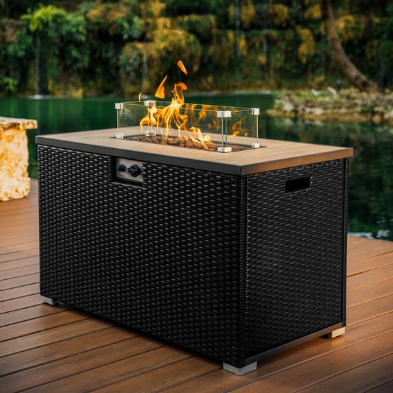 Phoneix 43” Propane Fire Pit Table for Outside with Lava Rocks, Weatherproof Protective Cover and Glass Windshield, Black