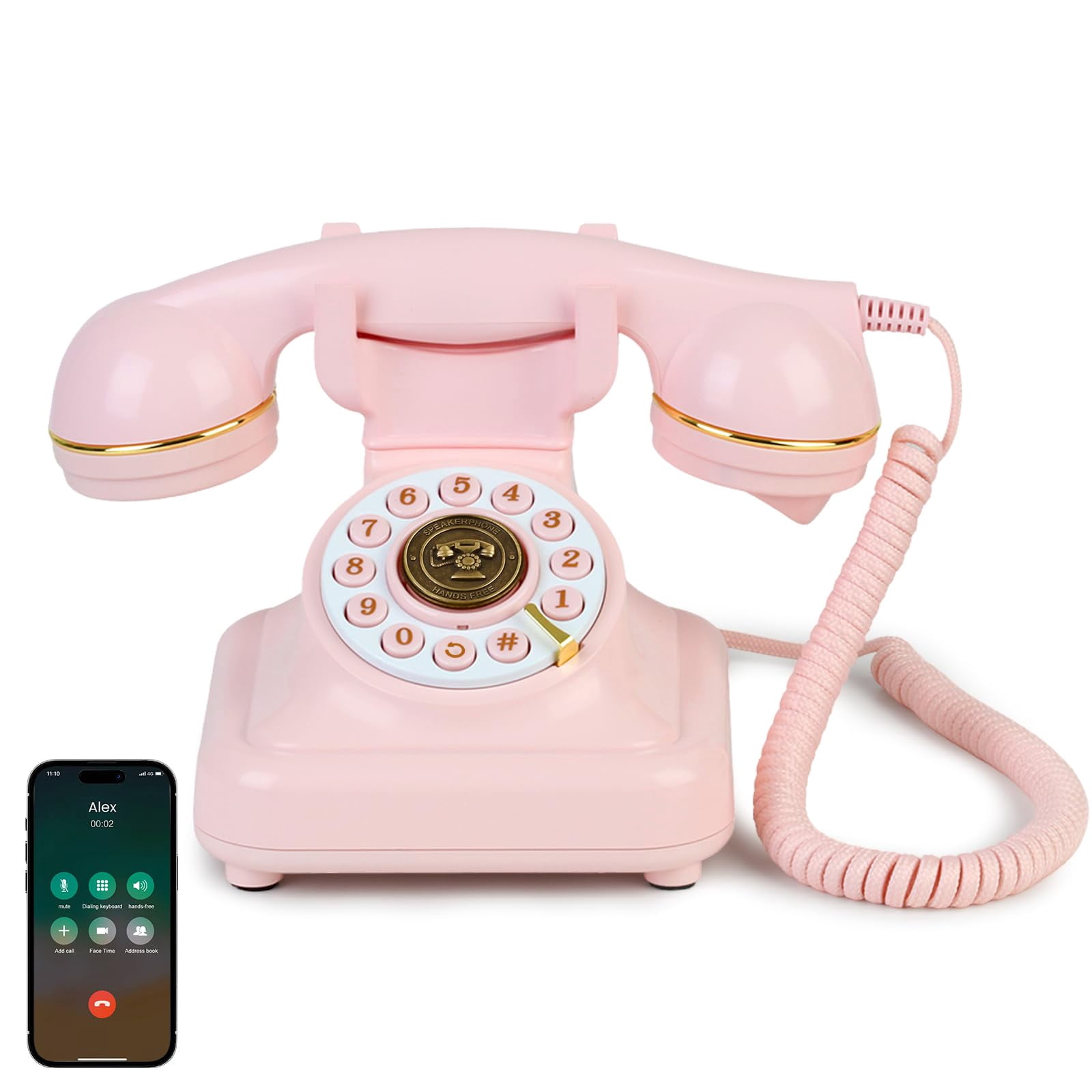 Phones Pinkie Landline Vintage Bluetooth Phone, Retro Desk Telephone with Gold Accents, Loud Nostalgic Ringtones, Bluetooth Connects to Smartphone for Home & Office