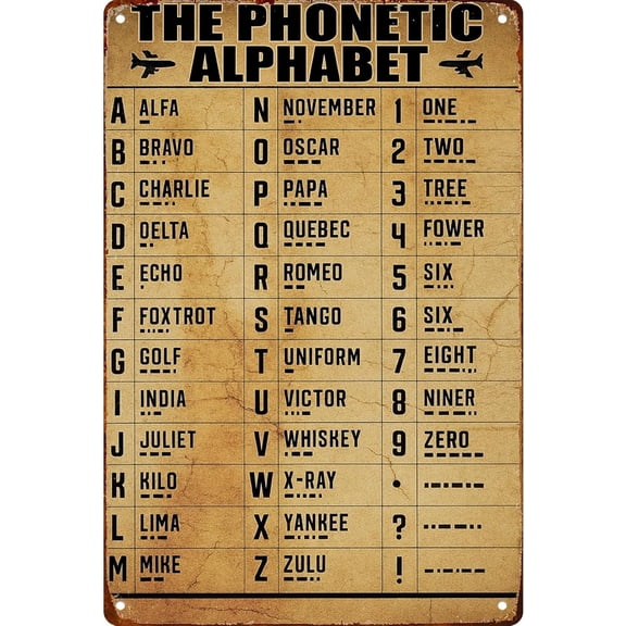 Phonetic Alphabet Morse Code Metal Sign, 8 x 12 Inch Retro Aviation Wall Decor for Living Room Bedroom Kitchen Bathroom Garden