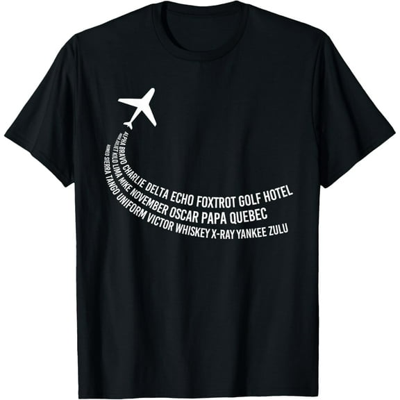 Phonetic Alphabet T-Shirt | Pilot Airplane Shirt T-ShirtMen and women, Black T-shirt, size: Extra large