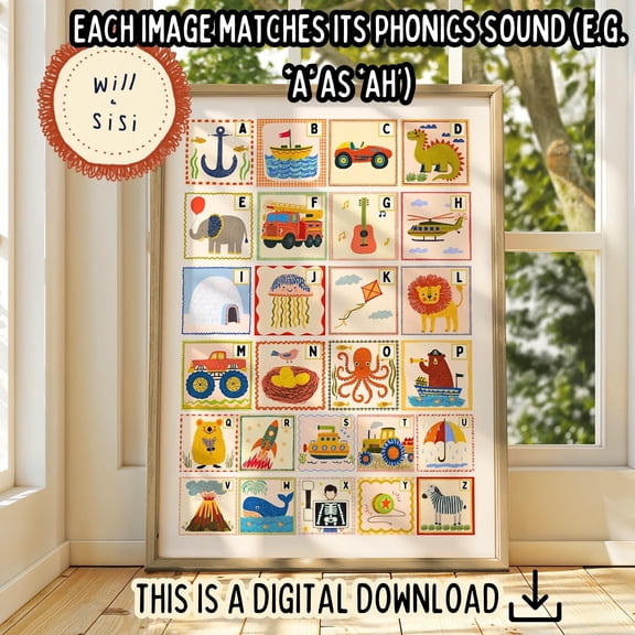 Phonics Alphabet Poster Printable A to Z Wall Art Educational Nursery Print Kids Learning ABC Chart Preschool Classroom Decor | 07, Poster Only
