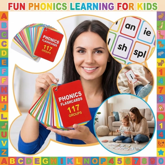 Phonics Flash Cards, Flash Cards, 3X5 In, Student Hobby, 117 Word Groups, Early Literacy Skill Building, 60 Pc, Multicolor, Ring Bound Storage Set