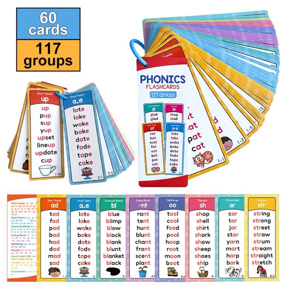 Phonics Flash Cards, Learn to Read Phonics Flash Cards with 60 Double-Sided Card