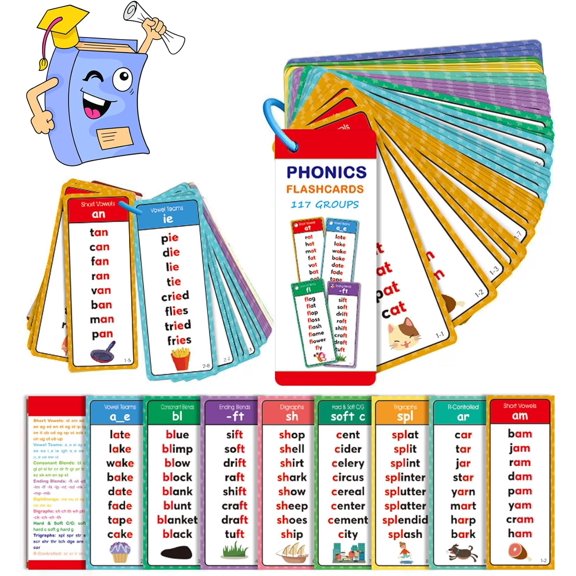 Phonics Flashcards, 60 Pcs Double-Sided Word Cards with 936 Words, Sight Words Game for Kindergarten, Homeschool, Early Reading Skills