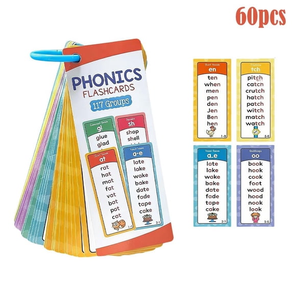 Phonics Flashcards Set, 117 Sound Groups 900+ Rhyming Words for Kids, Early Reading & Spelling Montessori Teaching Aids, 60 Double-Sided Learning Cards