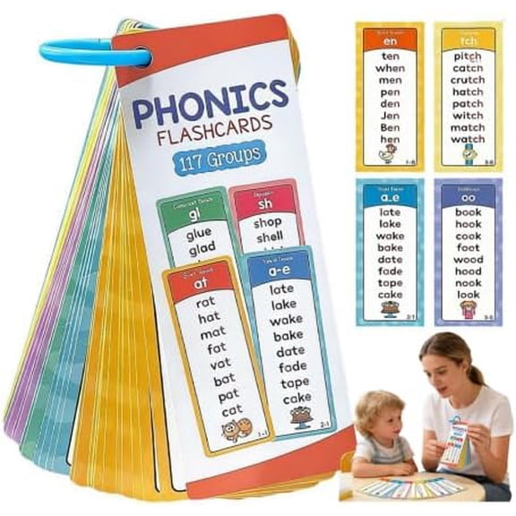 Phonics Word Cards, 117 Sound Groups with 900+ Rhyming Words, 60Pcs Phonics Games Flash Cards, Preschool English Teaching Aids for Classroom Homeschool Reading and Spelling