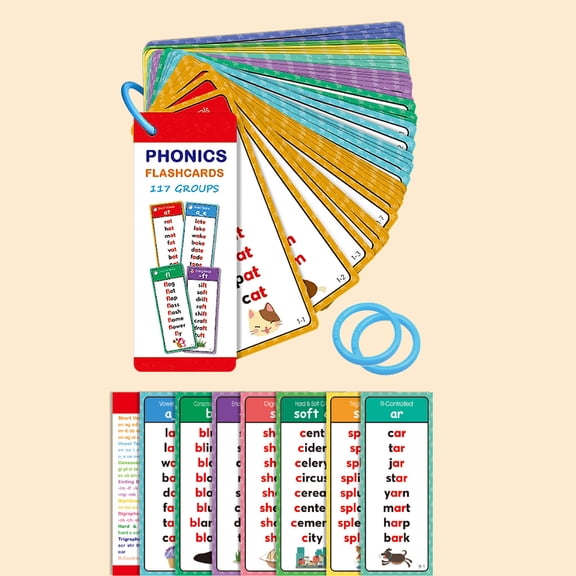 Phonics Word Cards, 117 Sound Groups & 900+ Rhyming Words, English Learning Flash Cards for Reading & Spelling Practice
