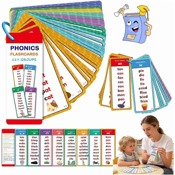 Phonics Word Cards for Kids, 117 Sound Groups with 900+ Rhyming Words, Learn to Read & Spell Flashcards for Preschool, Kindergarten & Homeschool
