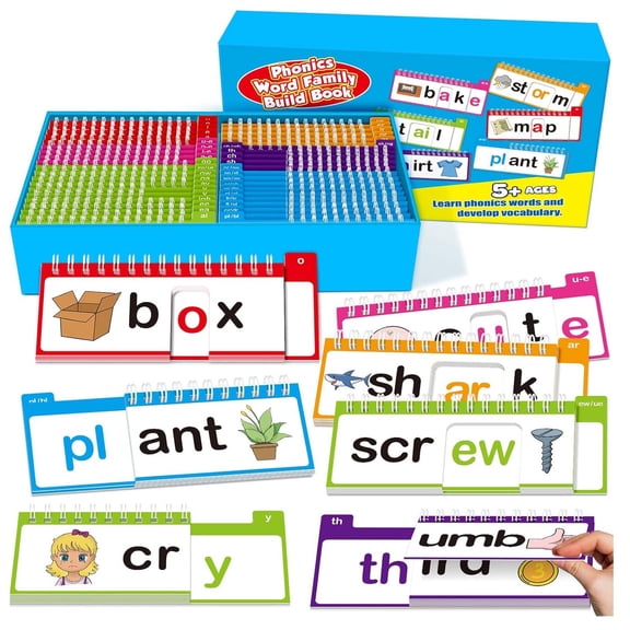 Phonics Word Family Build Book Set - Interactive Flip Cards for Ages 5+ Learn to Read & Build Vocabulary with Short & Long Vowels