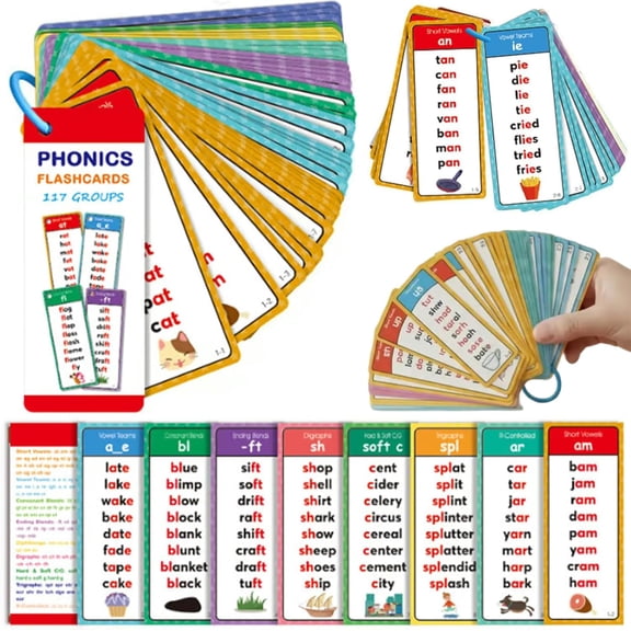 Phonics Word Flash Cards 60 Pack, 117 Sound Groups with 900+ Rhyming Words, Pure Word List Learning Set for Preschool Reading & Spelling, Waterproof with Storage Ring