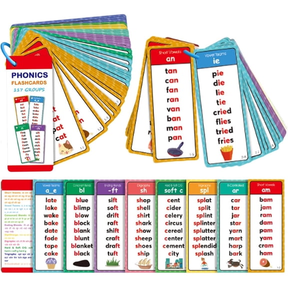 Phonics Word Flash Cards, Early Educational Alphabet Flash Cards, with 117 Sound Groups and 900+ Rhyming Words, Word Family Building Reading Book, Phonics Words Game List Card Set for Preschool