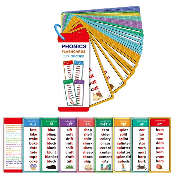 Phonics Word Flash Cards, Early Educational Alphabet Flash Cards, with 117 Sound Groups and 900+ Rhyming Words, Word Family Building Reading Book, Phonics Words Game List Card Set for Preschool