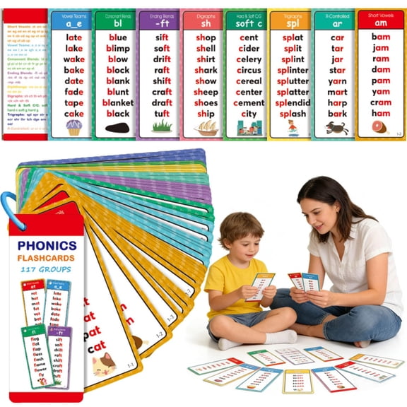 Phonics and Word Work Learning Set, Sight Words Flash Cards Kindergarten, 60 Double-Sided Cards - 117 Sound Groups & 900+ Rhyming Words, Fun Learning Supplies