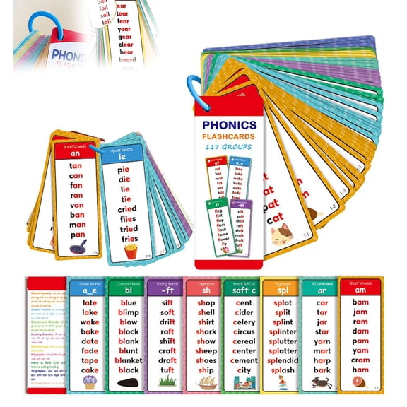 Phonincs Flashcards, 60 Pcs Words Phonics Word Lists Cards,900+ Rhyming Words Preschool English Discovery Joy,English Phonics Flash Cards Learning Tool, for Kindergarten and Homeschool