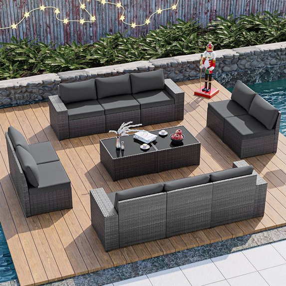 Phonjoro 12 Pieces Outdoor Patio Furniture Set Rattan Patio Sectional Sofa Conversation Set and Coffee Table for Garden, Backyard
