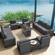 Phonjoroo 13 Pieces Outdoor Patio Furniture Set with 42  Fire Pit Table, Rattan Patio Sectional Sofa Conversation Set w/ 50000 BTU Propane Fire Pit and Coffee Table for Garden, Backyard