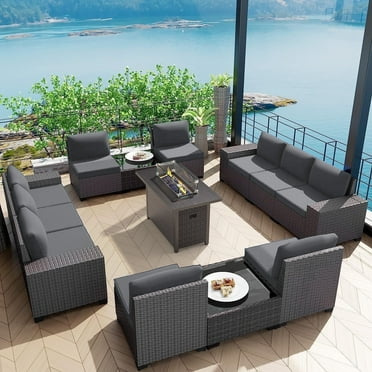 Phonjoroo 13 Pieces Outdoor Patio Furniture Set with 42” Fire Pit Table, Rattan Patio Sectional Sofa Conversation Set w/ 50000 BTU Propane Fire Pit and Coffee Table for Garden, Backyard