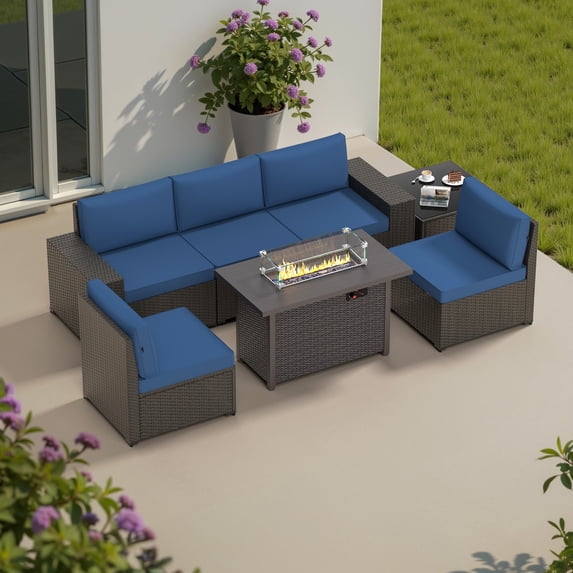 Phonjoro 7 Pieces Outdoor Patio Furniture Set with 42” Fire Pit Table, Rattan Patio Sectional Sofa Conversation Set w/ 50000 BTU Propane Fire Pit and Coffee Table for Garden, Backyard