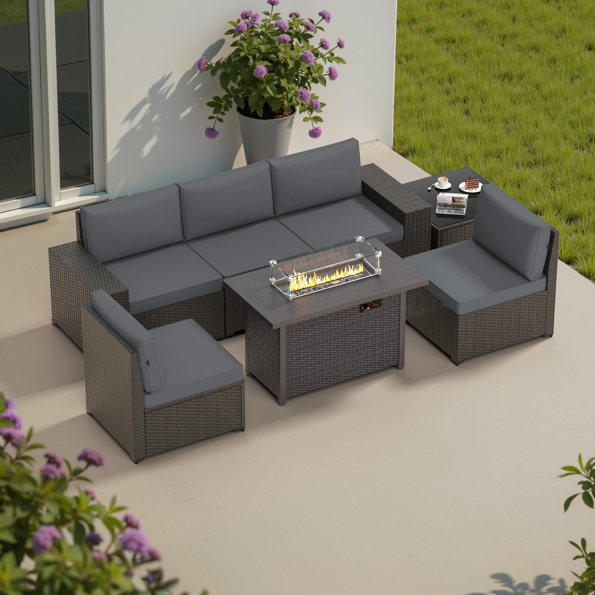 Phonjoro 7 Pieces Outdoor Patio Furniture Set with 42” Fire Pit Table, Rattan Patio Sectional Sofa Conversation Set w/ 50000 BTU Propane Fire Pit and Coffee Table for Garden, Backyard