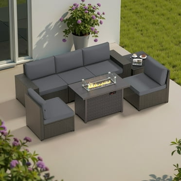 Phonjoro 7 Pieces Outdoor Patio Furniture Set with 42” Fire Pit Table, Rattan Patio Sectional Sofa Conversation Set w/ 50000 BTU Propane Fire Pit and Coffee Table for Garden, Backyard