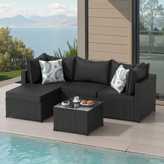Phonjoroo 5PCS Patio Furniture Sets All Weather Outdoor Sectional Sofa Manual Weaving Wicker Rattan Outdoor Conversation Set with With Cushion And Glass Table, Black