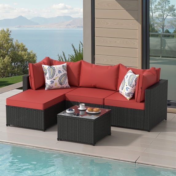 Phonjoroo 5PCS Patio Furniture Sets All Weather Outdoor Sectional Sofa Manual Weaving Wicker Rattan Outdoor Conversation Set with With Cushion And Glass Table, Red