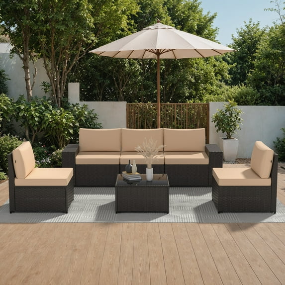 Phonjoroo 6 Pieces Patio Furniture Set Outdoor Wicker Sectional Conversation Sofa All-Weather Rattan Couch Patio Seating with Cushion and Glass Table for Porch, Poolside, Backyard, Balcony