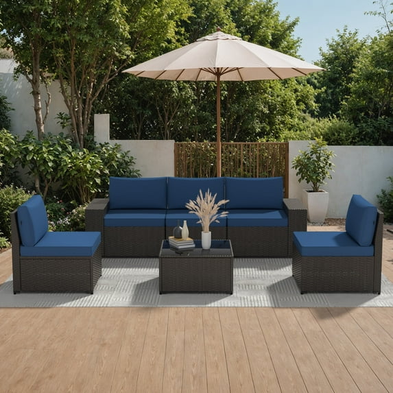 Phonjoroo 6 Pieces Patio Furniture Set Outdoor Wicker Sectional Conversation Sofa All-Weather Rattan Couch Patio Seating with Cushion and Glass Table for Porch, Poolside, Backyard, Balcony