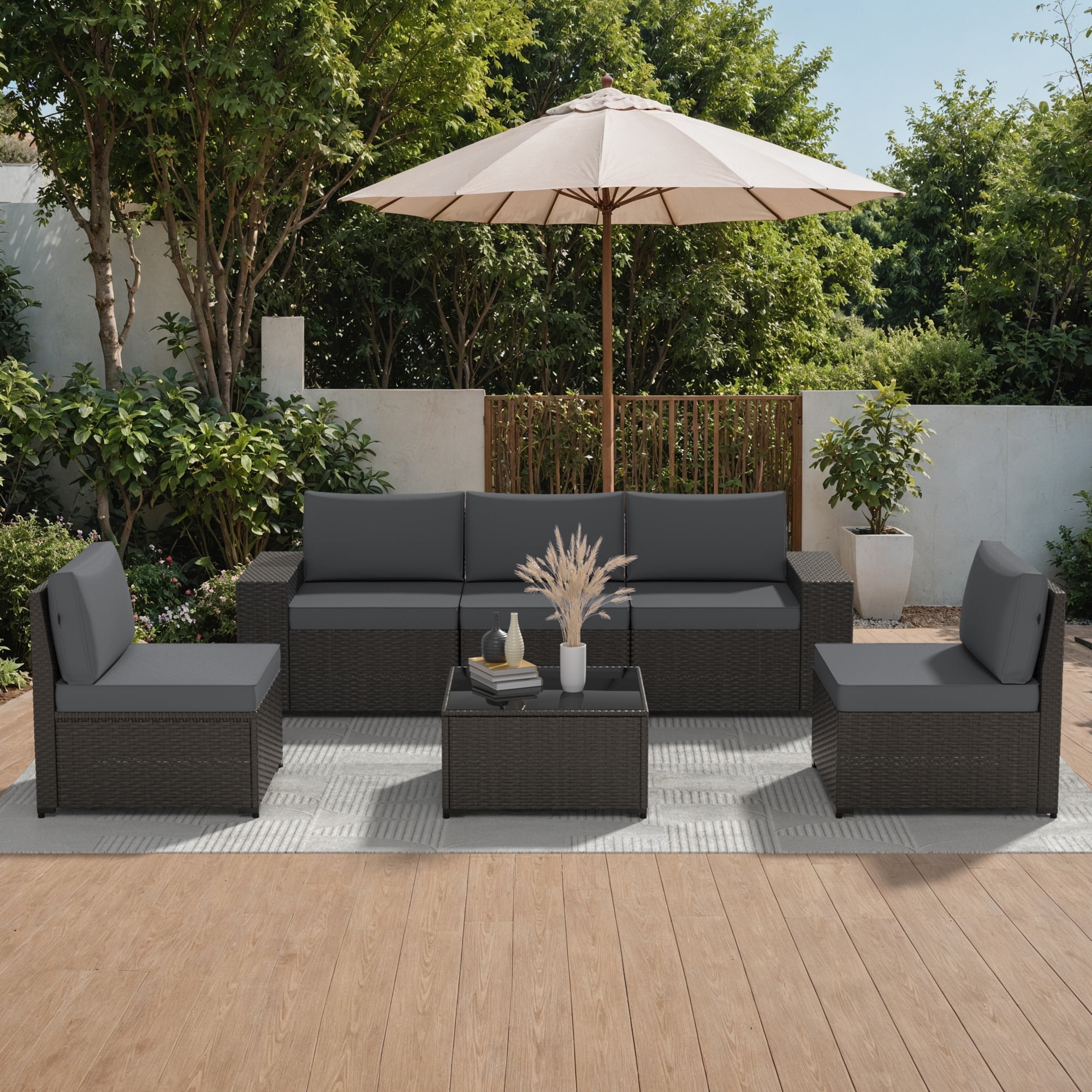 Phonjoroo 6 Pieces Patio Furniture Set Outdoor Wicker Sectional Conversation Sofa All-Weather Rattan Couch Patio Seating with Cushion and Glass Table for Porch, Poolside, Backyard, Balcony
