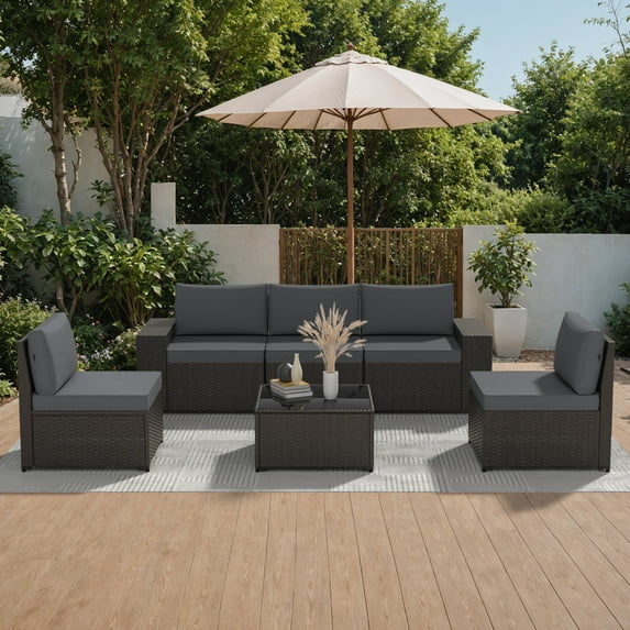 Phonjoroo 6 Pieces Patio Furniture Set Outdoor Wicker Sectional Conversation Sofa All-Weather Rattan Couch Patio Seating with Cushion and Glass Table for Porch, Poolside, Backyard, Balcony
