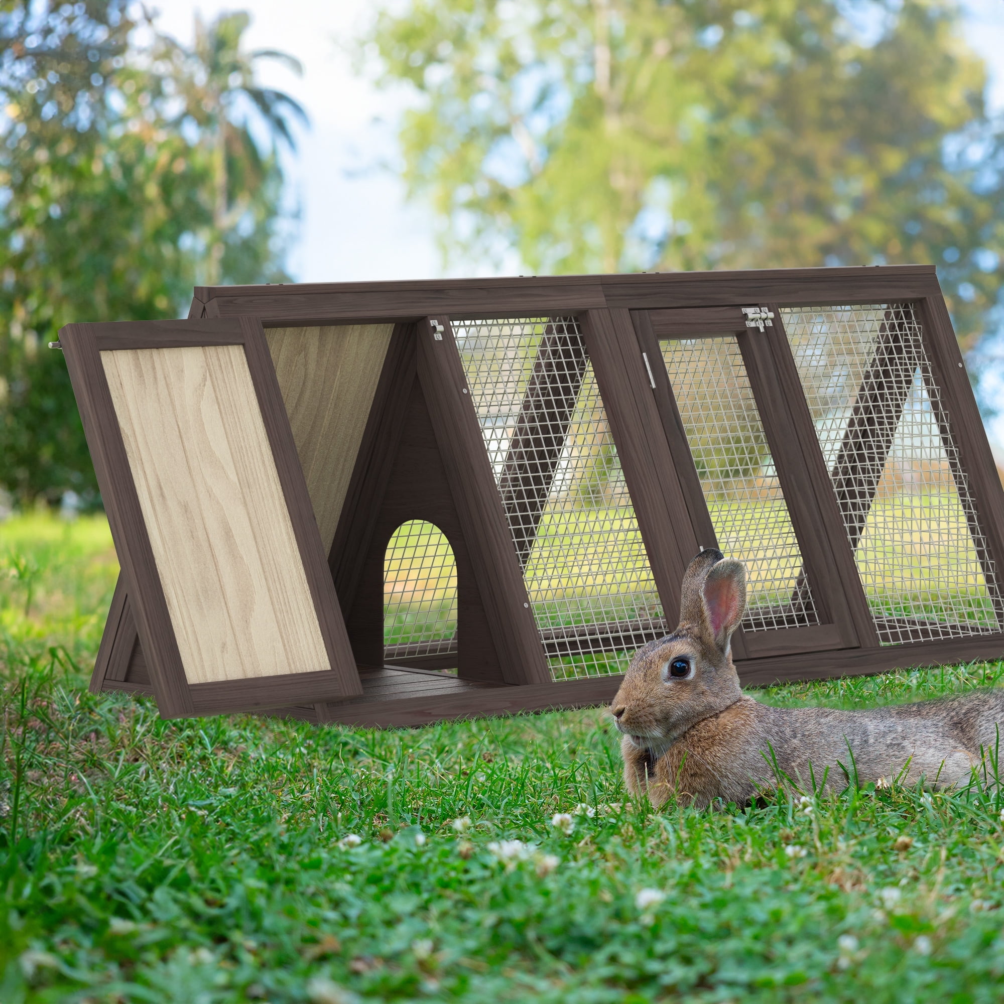 Phonjoroo Chicken Coop for 2 Chickens Small Rabbit Hutch Quail Coop Wooden Bunny Cages w/Ventilating Wire, Brown