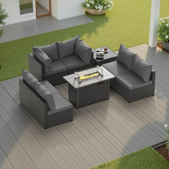 Phonjoroo Outdoor Patio Furniture Set with Fire Pit Table, 8 Pieces Wicker Patio Sectional Furniture, Patio Conversation Couch Seating & 42" Fire Pit
