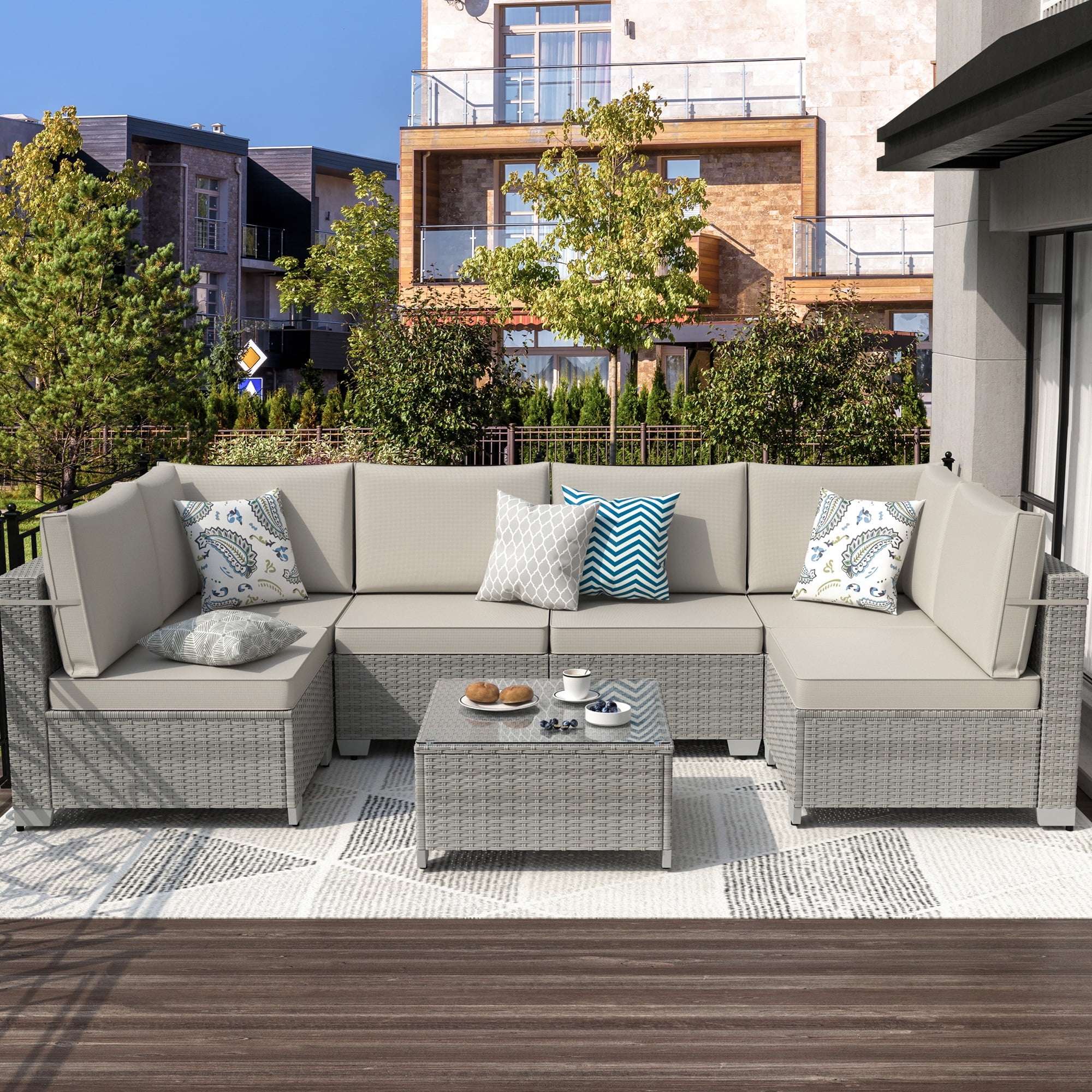 Walmart Coupons of Phonjoroo Patio Furniture Set 7 Pieces Modular Outdoor Sectional Wicker Conversation Sets Patio Couch All Weather Sectional Seating Sofas with Cushion and Glass Table for Backyard, Garden