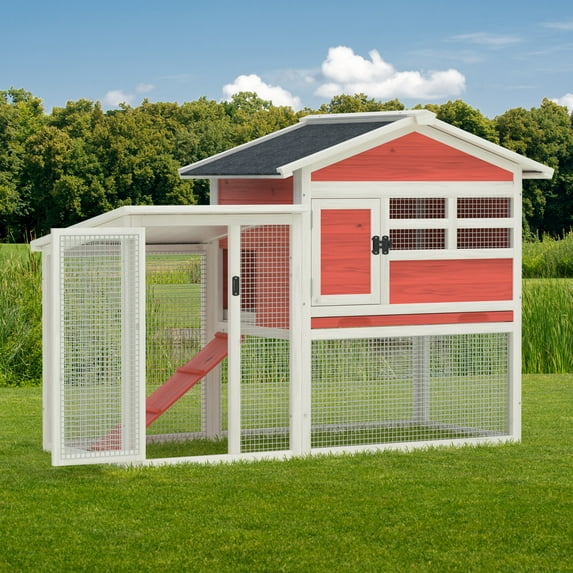 Phonjoroo Rabbit Hutch Eco-Friendly Wooden Backyard Chicken Coop with Asphalt Sloping Roof, Red, Fits 3 Rabbits