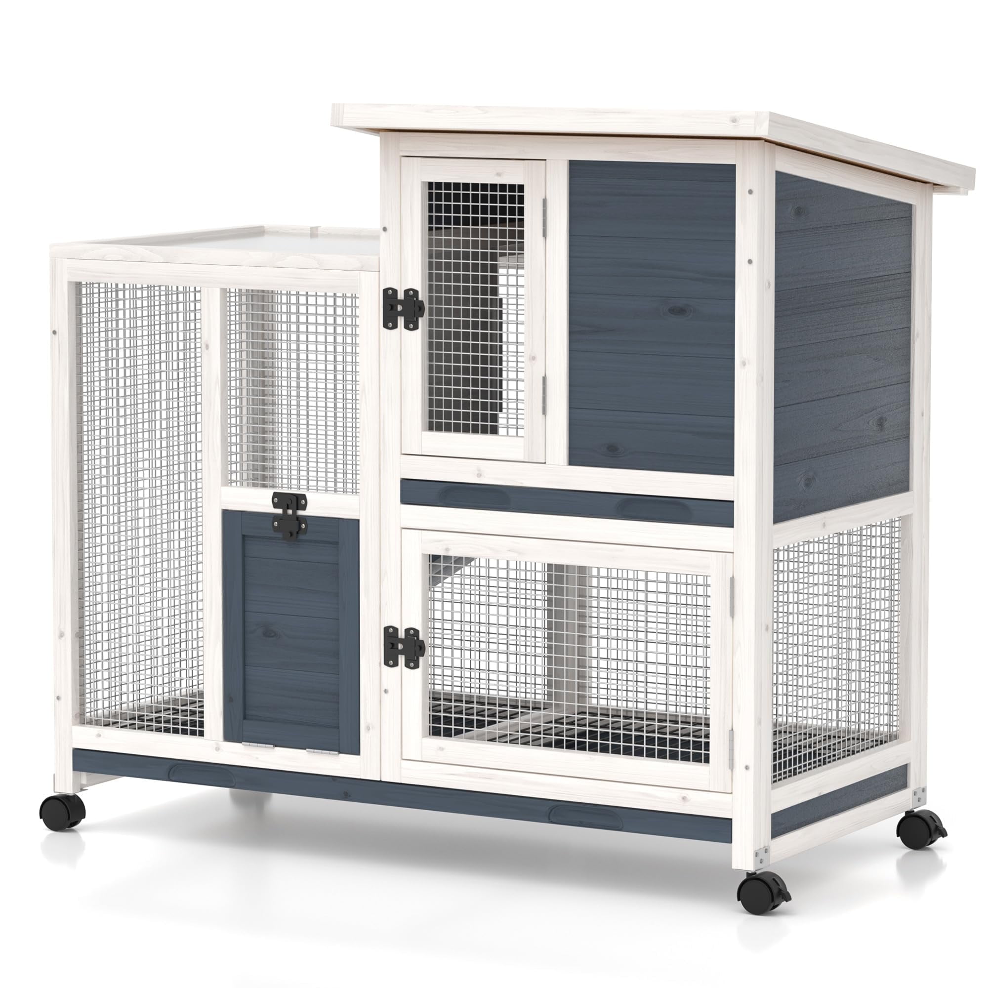 Phonjoroo Rabbit Hutch Indoor Bunny Cage Outdoor Wooden Guinea Pig House for Small Animals with Wheels, Ramp & Ramovable Tray (Grayish Blue)