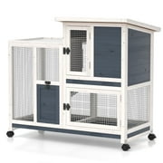 Phonjoroo Rabbit Hutch Indoor Bunny Cage Outdoor Wooden Guinea Pig House for Small Animals with Wheels, Ramp & Ramovable Tray (Grayish Blue)