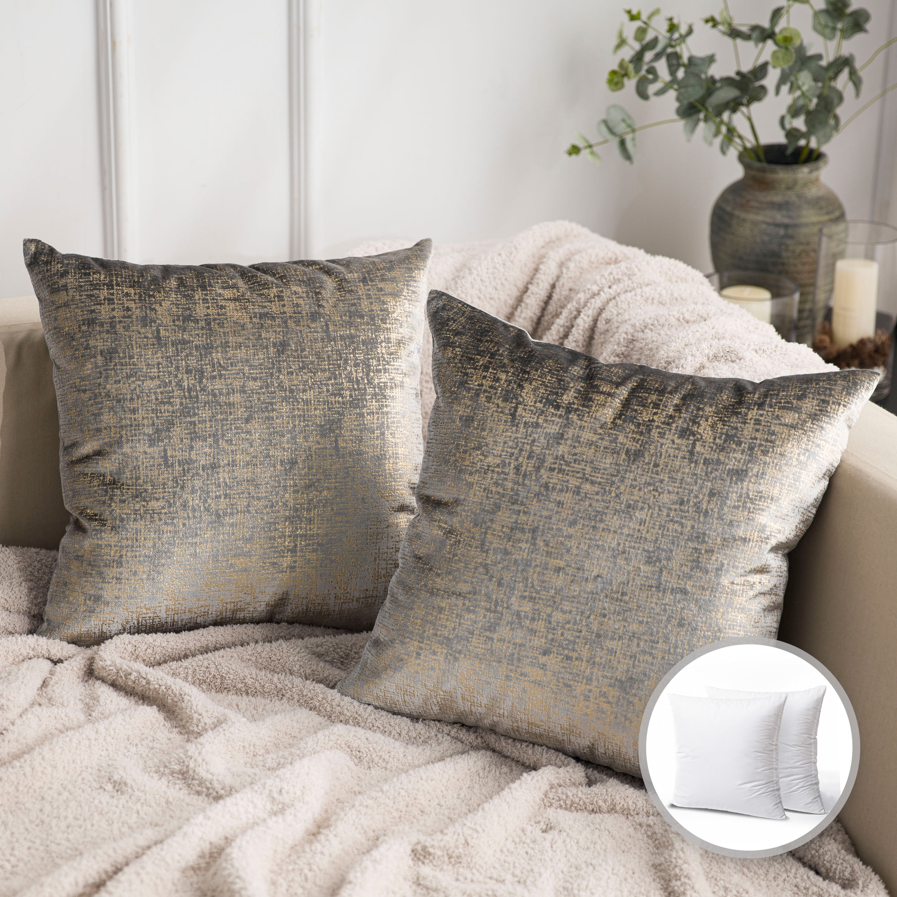 Phonoscope Bronzing Soft Solid Velvet Decorative Throw Pillow for Couch,  Gray, 20 x 20, 2 Pack 