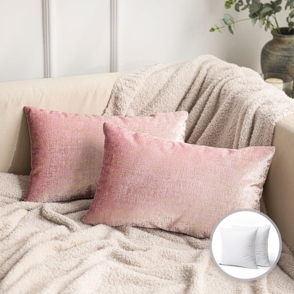 Phantoscope Bronzing Soft Solid Velvet Decorative Throw Pillow for Couch, Pink, 12" x 20", 2 Pack