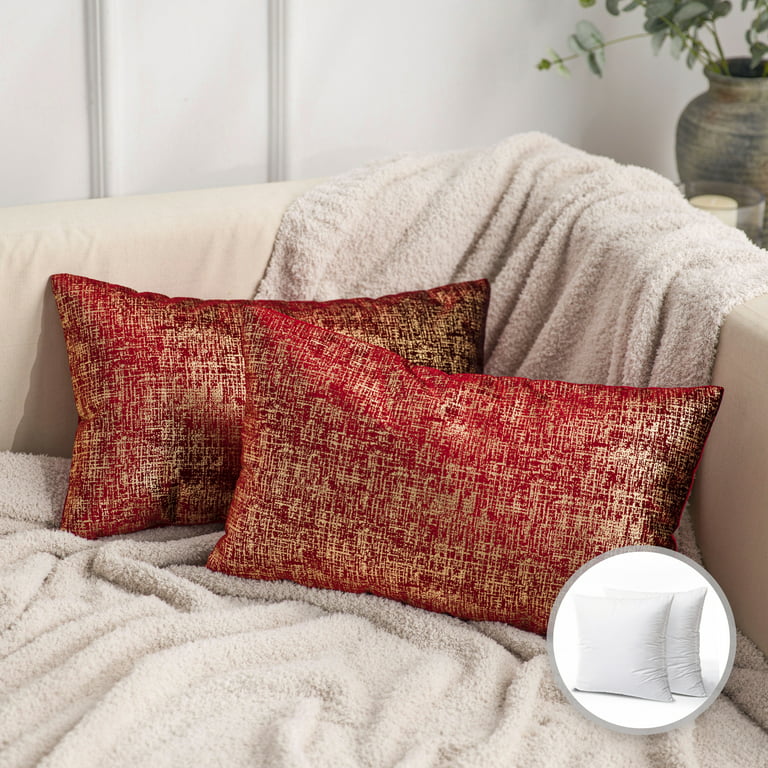 Phonoscope Bronzing Soft Solid Velvet Decorative Throw Pillow for Couch,  Red, 12 x 20, 2 Pack