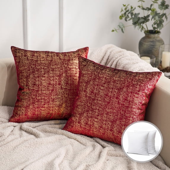 Phonoscope Bronzing Soft Solid Velvet Decorative Throw Pillow for Couch, Red, 20" x 20", 2 Pack