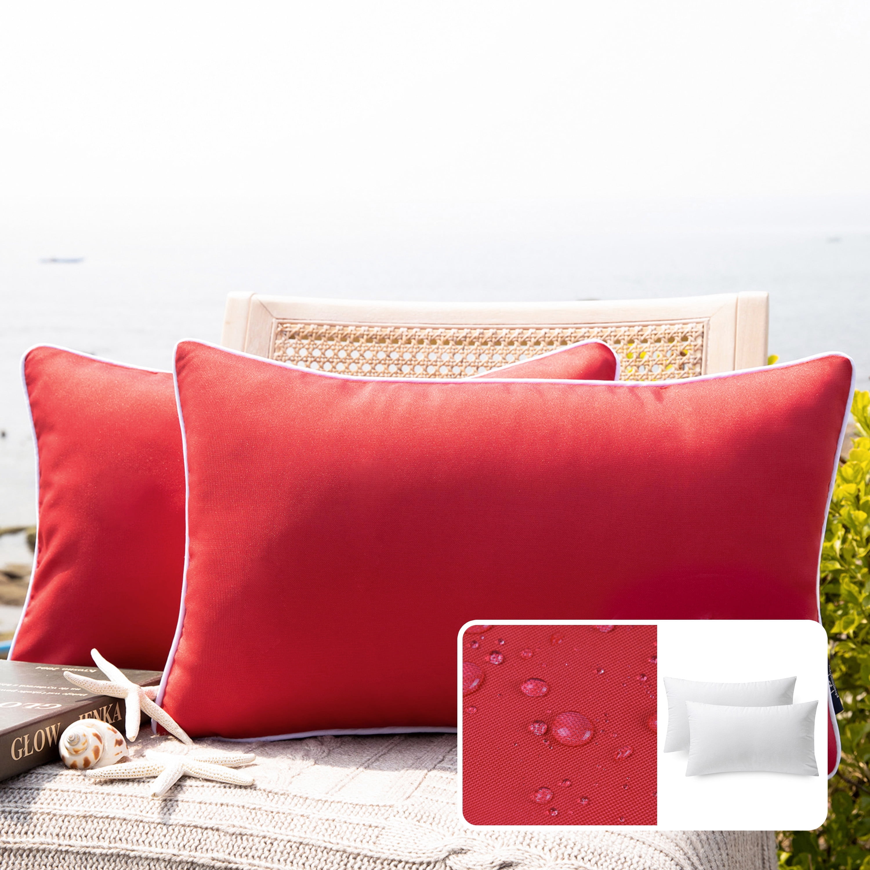 Phantoscope Summer Waterproof Square Cusion Outdoor Decorative Throw Pillow for Patio, 12" x 20", Red, 2 Pack