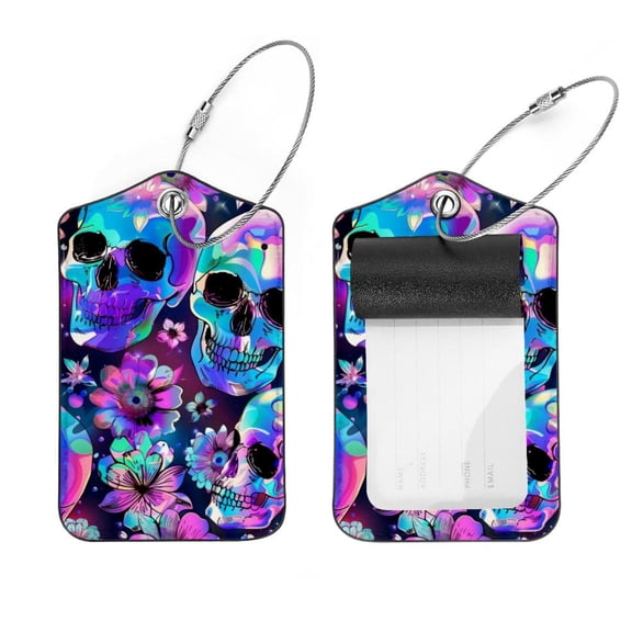 PhooArto 2 PCS Luggage Tag for Suitcase Bag Tags for Backpacks Baggage Handbag School Instrument Tag Label, Colorful Neon Skull Flowers
