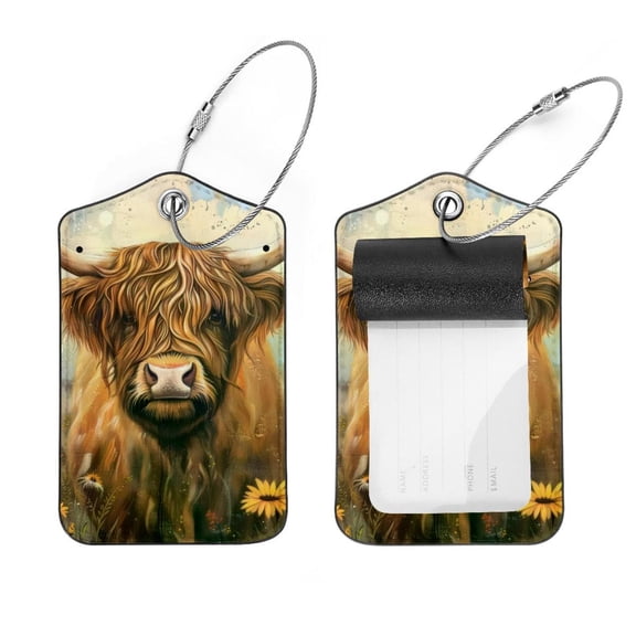 PhooArto 2 PCS Luggage Tag for Suitcase Bag Tags for Backpacks Baggage Handbag School Instrument Tag Label, Highland Cow Flowers