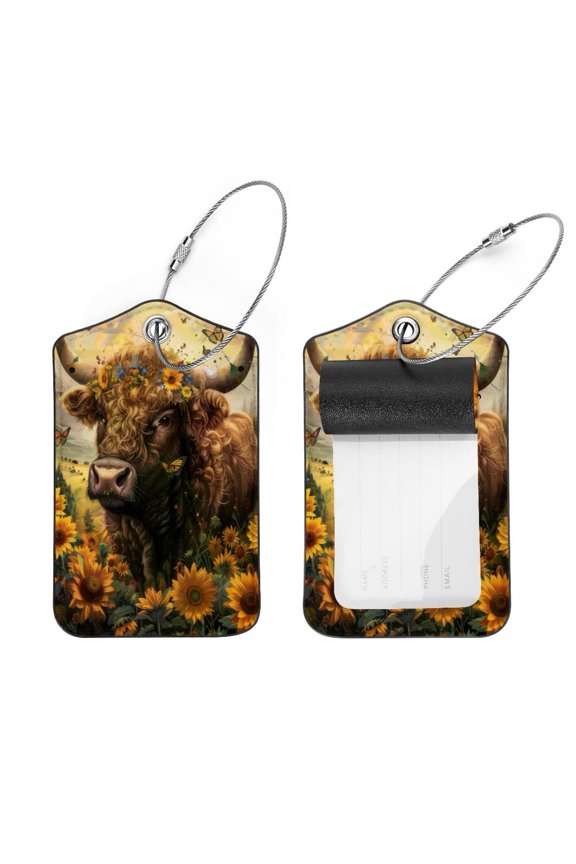 2 PCS Luggage Tag for Suitcase Bag Tags for Backpacks Baggage Handbag School Instrument Tag Label, Highland Cow Sunflowers Butterflies