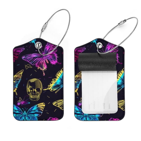 PhooArto 2 PCS Luggage Tag for Suitcase Bag Tags for Backpacks Baggage Handbag School Instrument Tag Label, Neon Skull and Butterfly Pattern